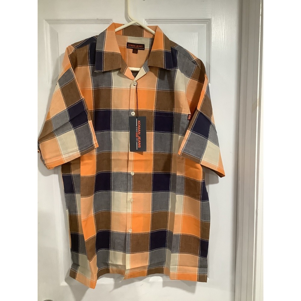Koman Jeans Men Shirt L Streetwear Y2K Short Sleeve Plaid Woven Vintage NEW OS